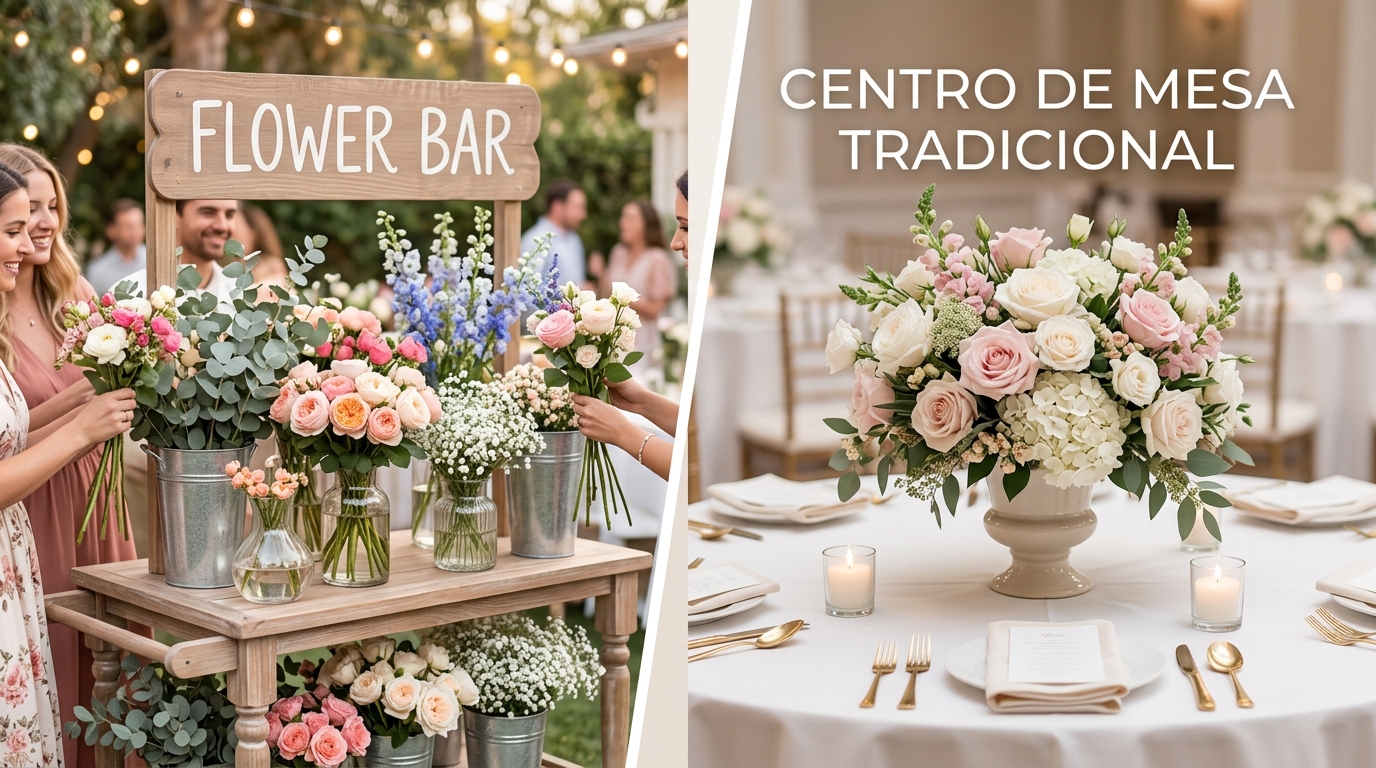 Flower Bar vs. centro de mesa tradicional: ¿cuál le va mejor a tu fiesta?